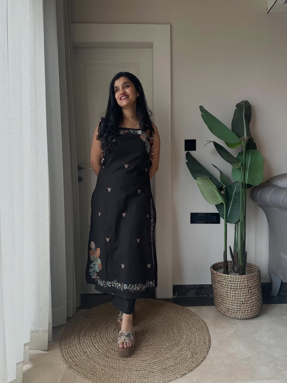 Black Embroidered Strap Kurta Set