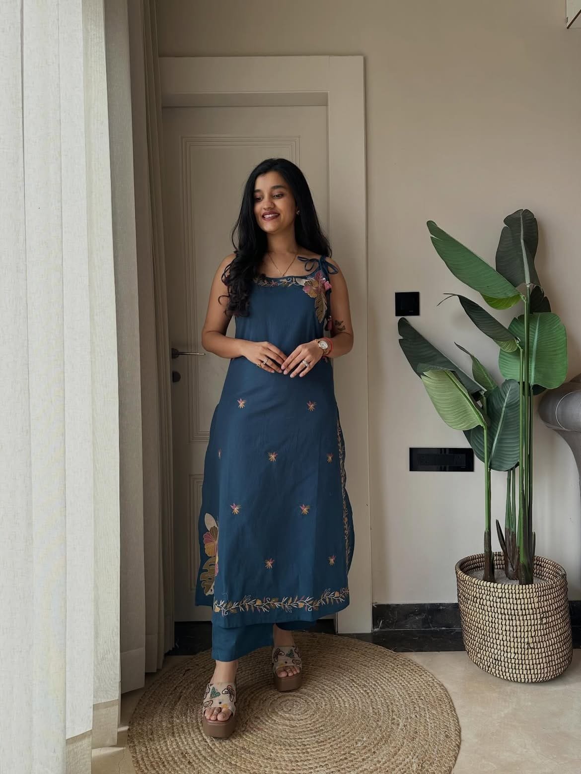 Blue Embroidered Strap Kurta Set
