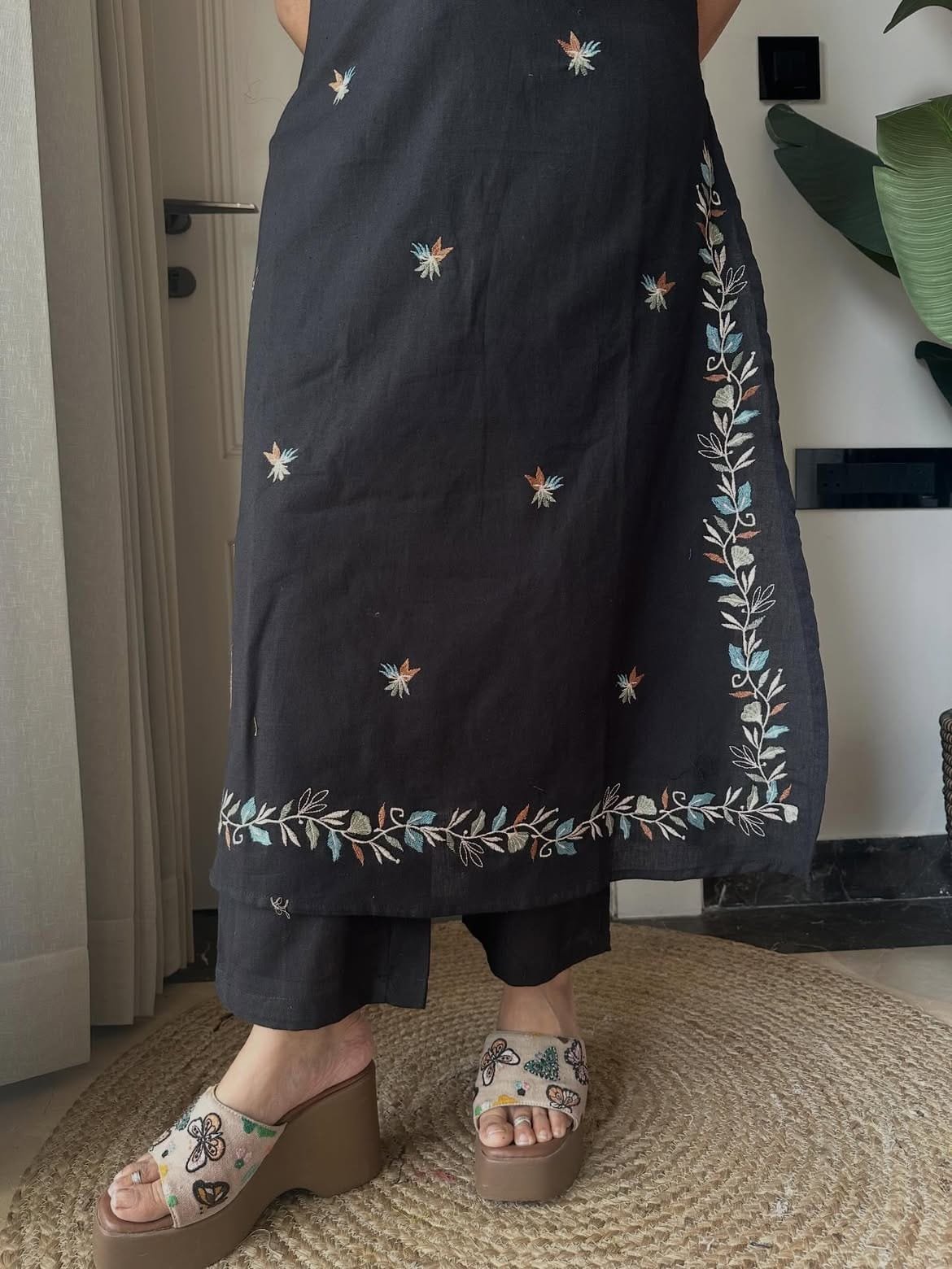 Black Embroidered Strap Kurta Set