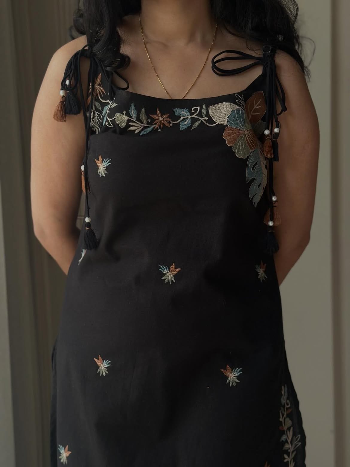 Black Embroidered Strap Kurta Set