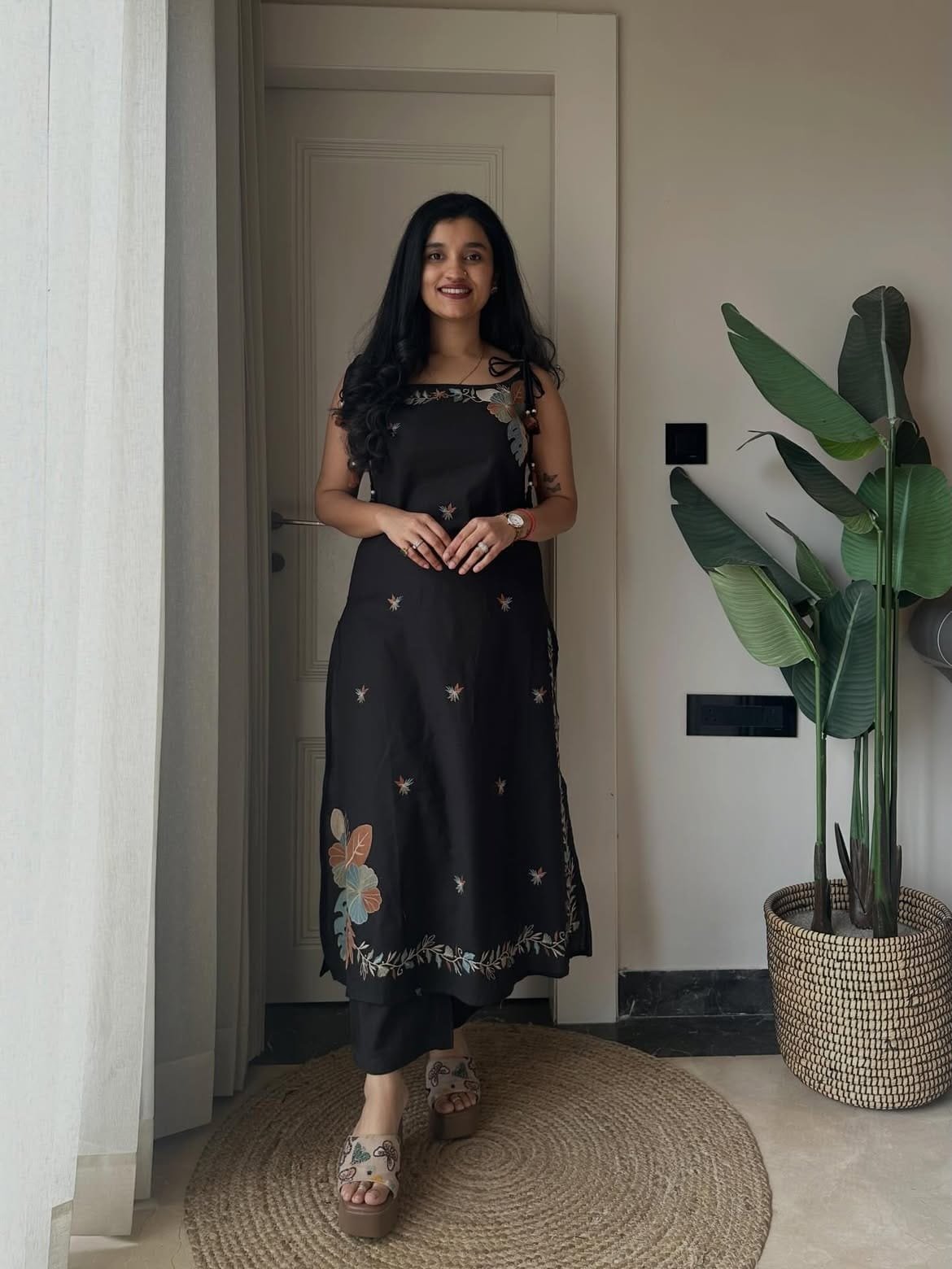 Black Embroidered Strap Kurta Set