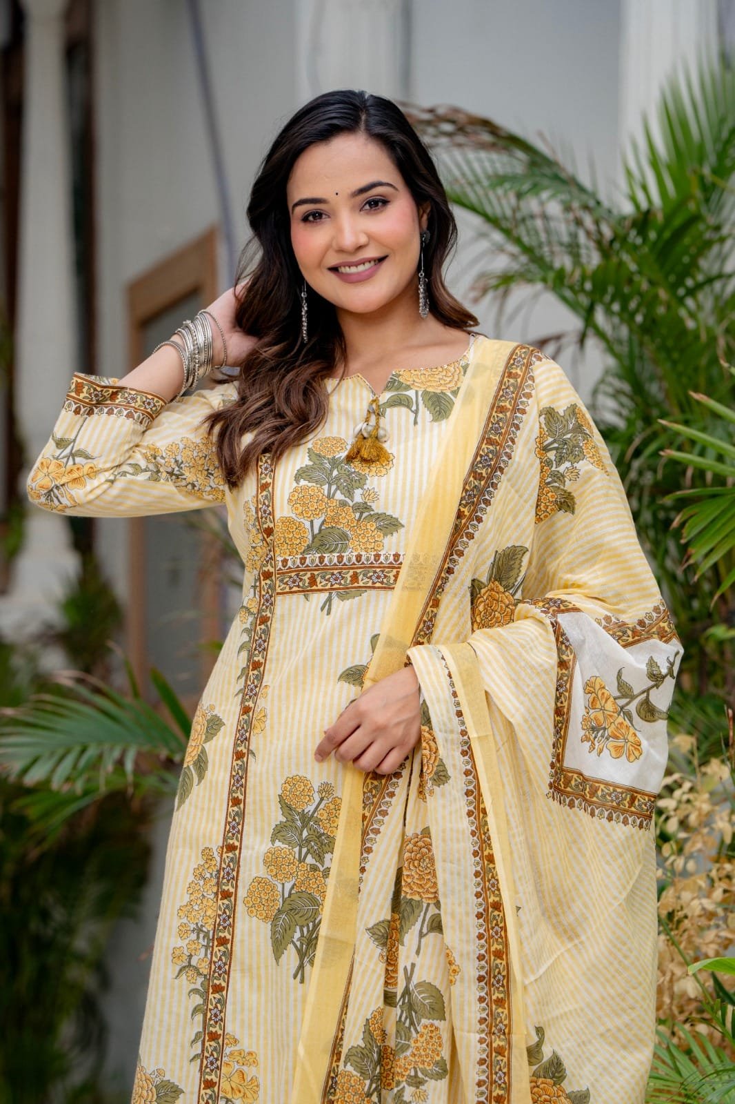 Yellow Floral Block Print Cotton Kurta Set