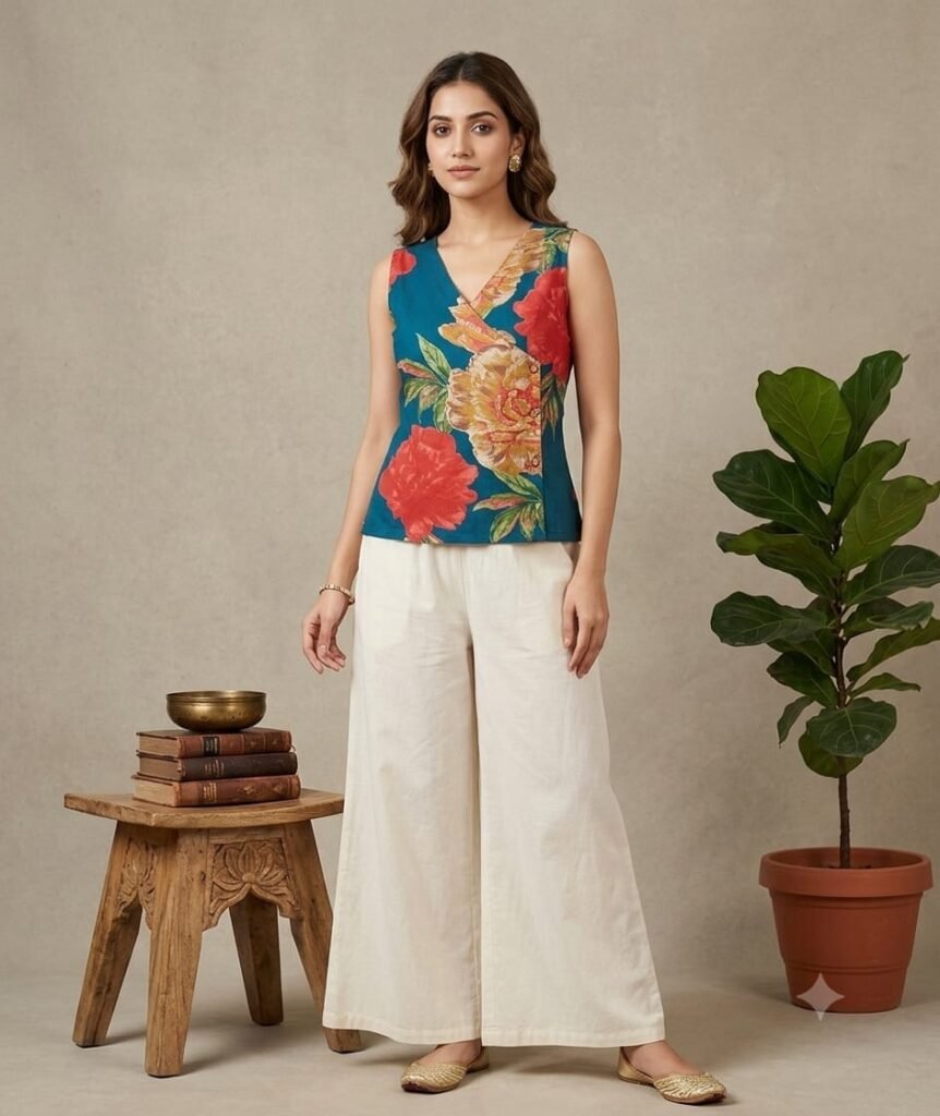 Teal Floral Printed Cotton Angrakha Top