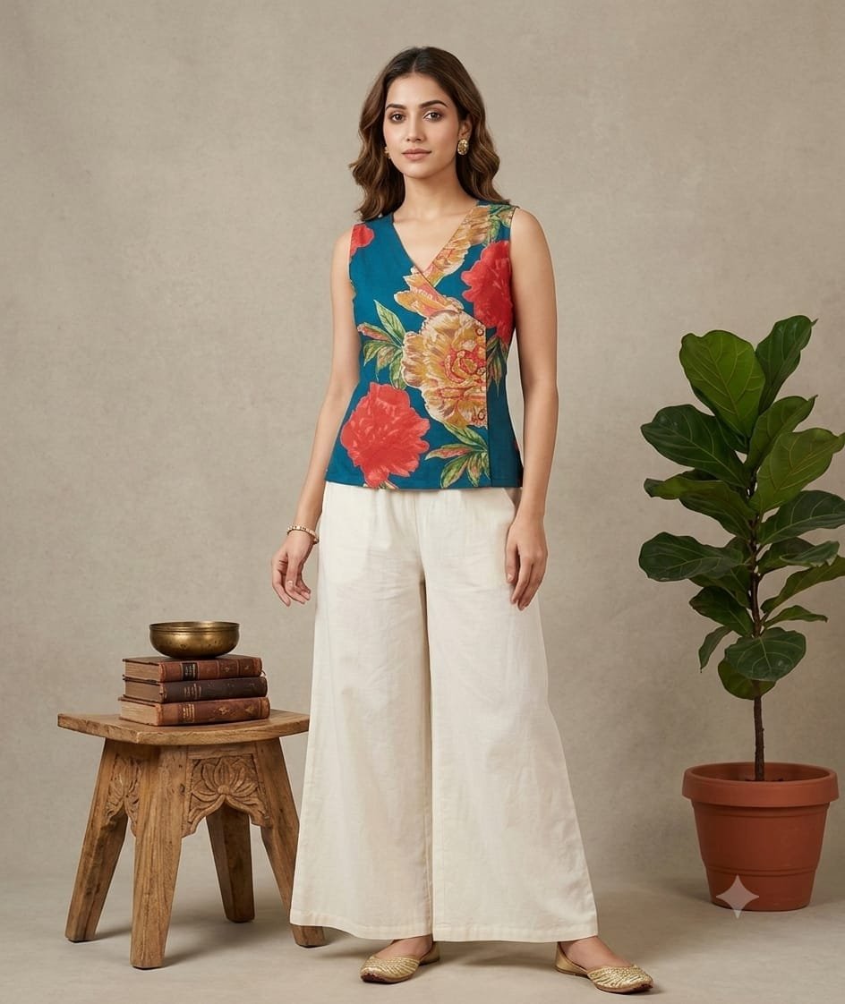Teal Floral Printed Cotton Angrakha Top
