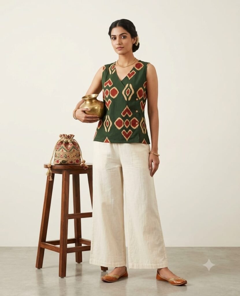 Dark Green Ikat Printed Cotton Angrakha Top