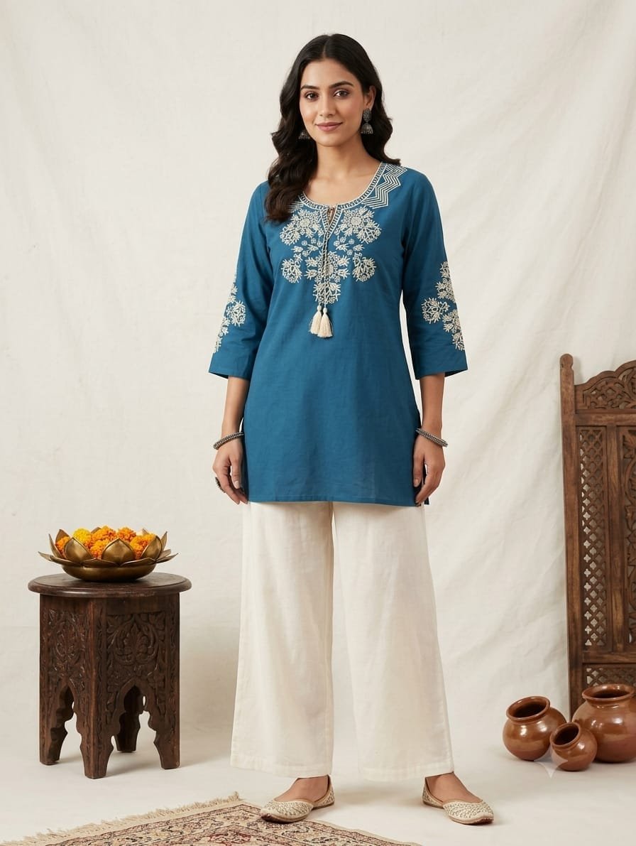 Teal Blue Embroidered Short Cotton Kurti