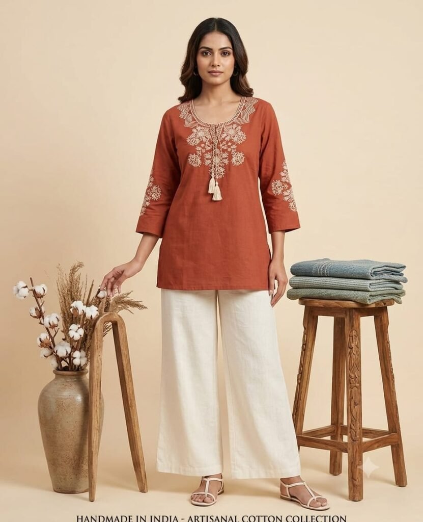 Terracotta Embroidered Short Cotton Kurti