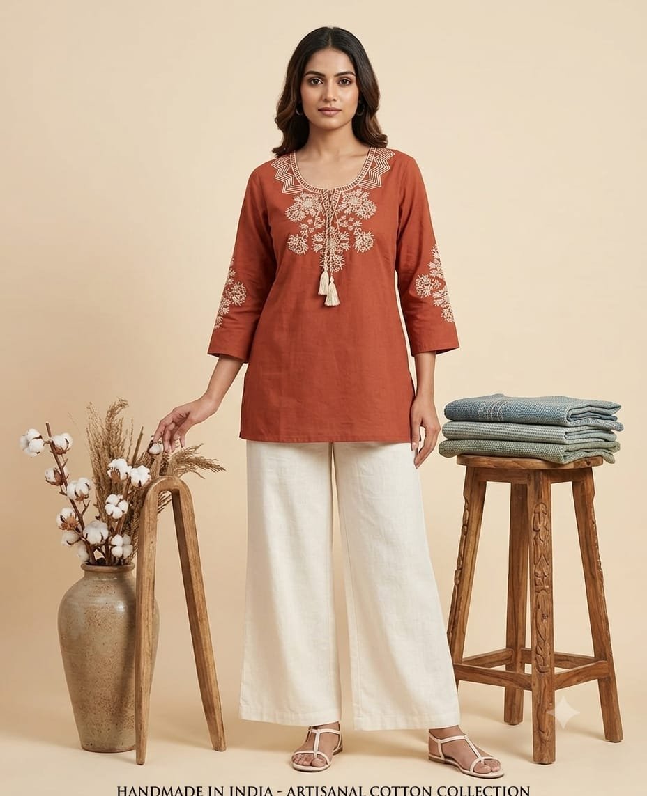 Terracotta Embroidered Short Cotton Kurti