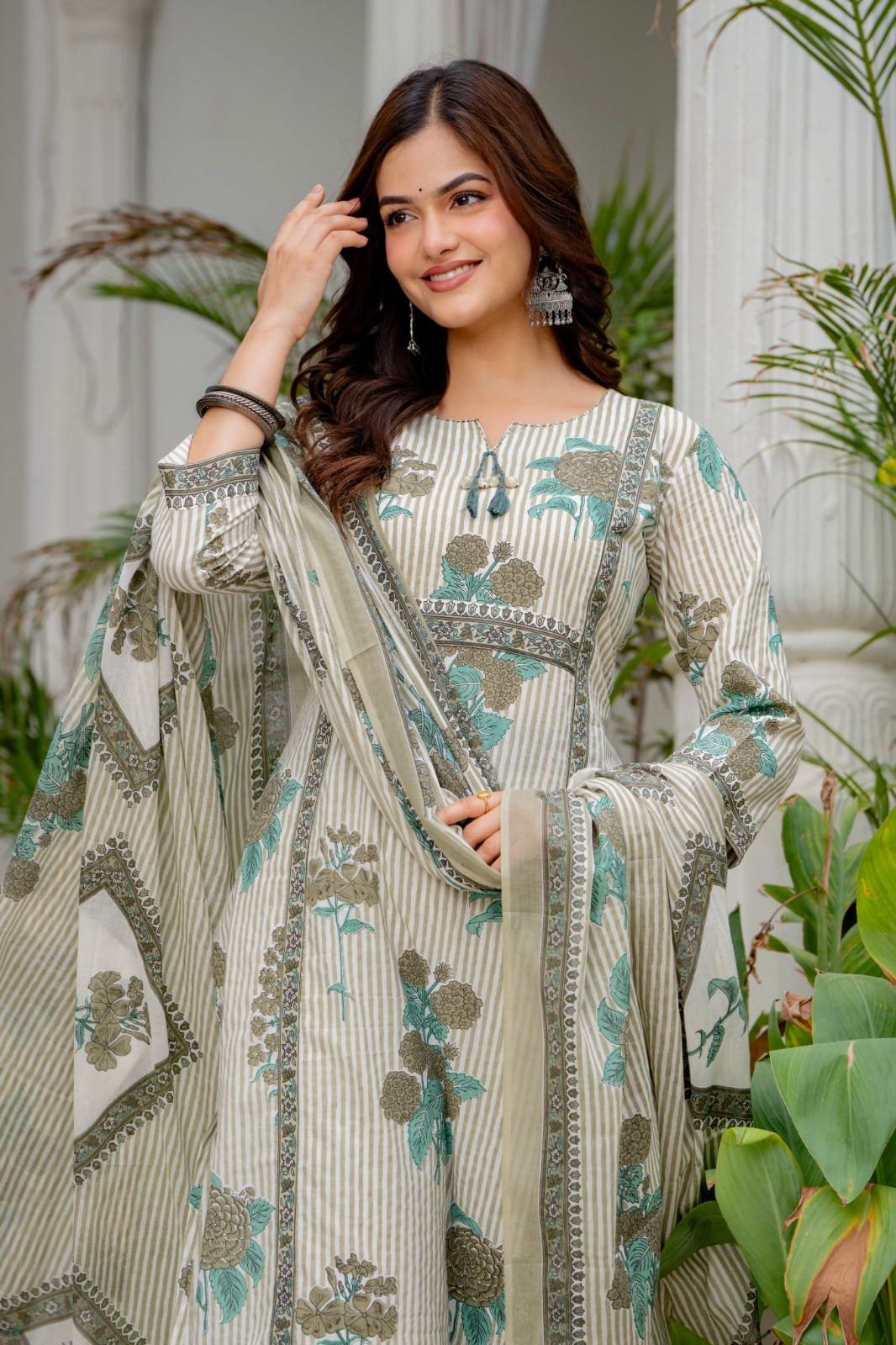 Sage Green Floral Printed Cotton Anarkali Suit Set