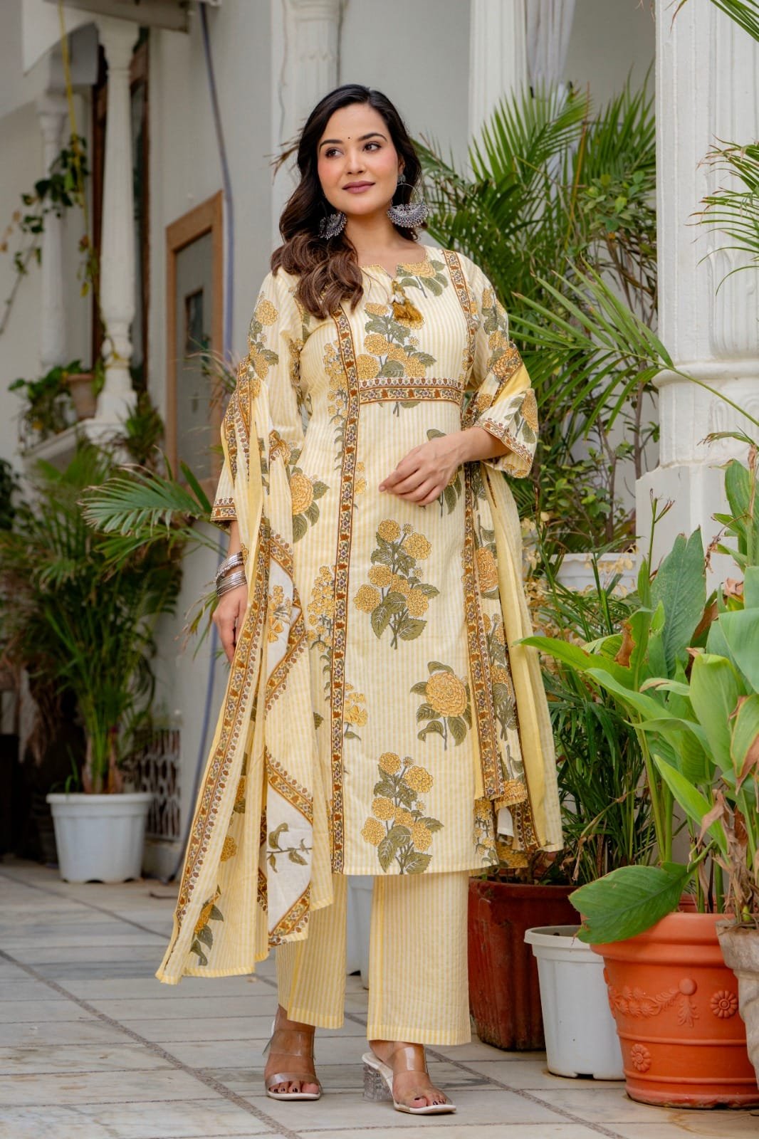 Yellow Floral Block Print Cotton Kurta Set